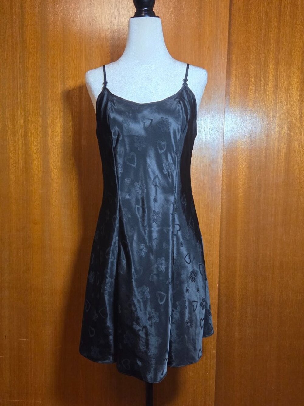VTG 90s Silk & Satin Black Floral Heart Jacquard Slip Dress - M